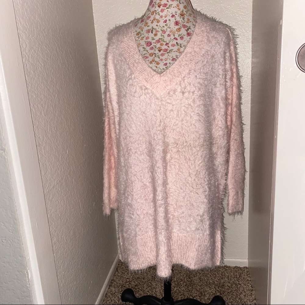 Blush pink fuzzy V-neck sweater
